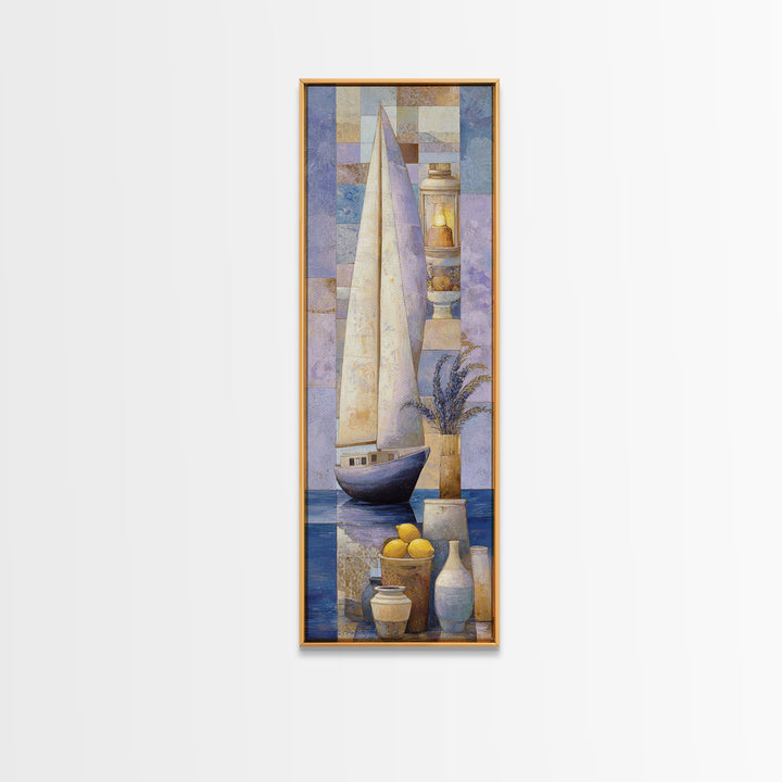 Mediterranean Sailboat on Glassy Water Framed Canvas Print, Mediterranean Art, Coastal Decor, Living Room Decor, Oil Painting, MAR-1x3-30