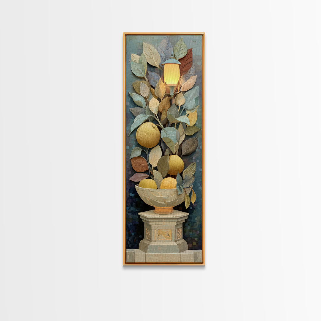 Ceramic Bowl of Oranges and Leaves Canvas Print, Mediterranean Art, Digital Wall Art, Living Room Decor, Fine Art, Azure, MAR-1x3-33