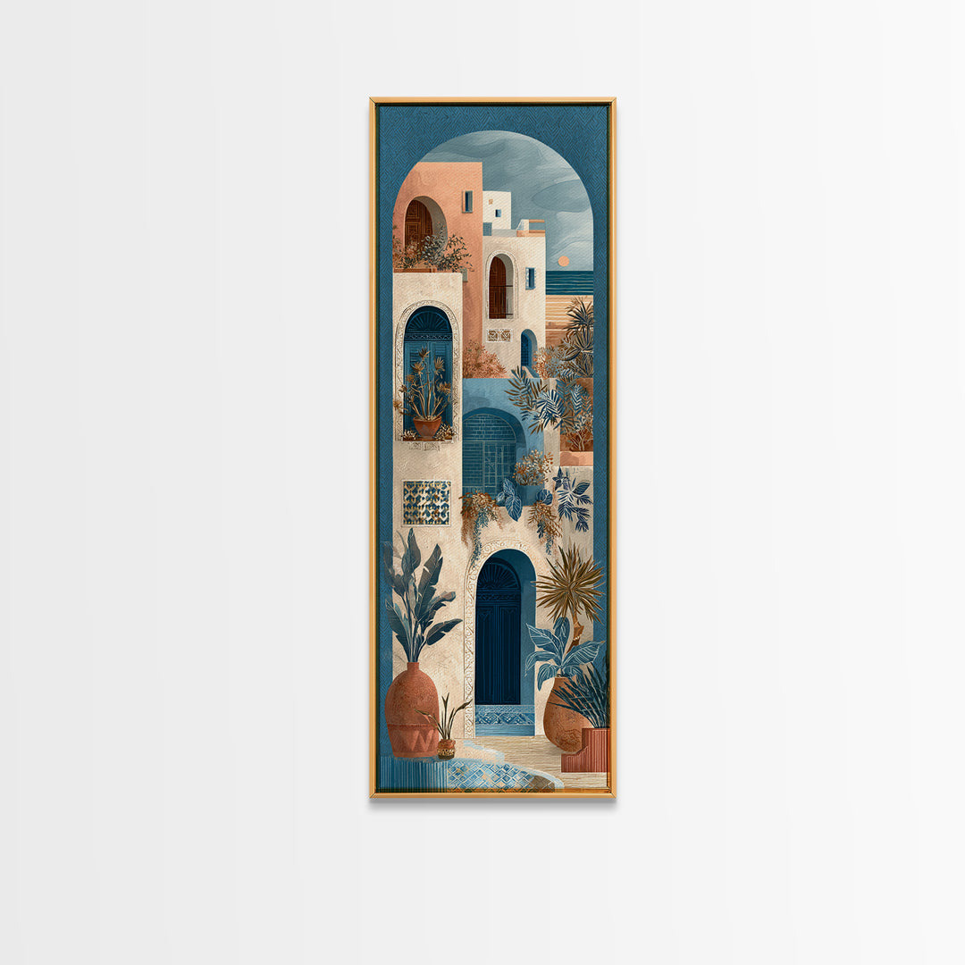 Mediterranean Arch Framing Ocean Horizon Canvas Print, Mediterranean Art, Living Room Decor, Oil Painting, Azure, MAR-1x3-39
