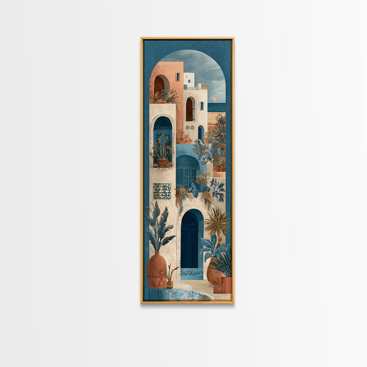 Mediterranean Arch Framing Ocean Horizon Canvas Print, Mediterranean Art, Living Room Decor, Oil Painting, Azure, MAR-1x3-39