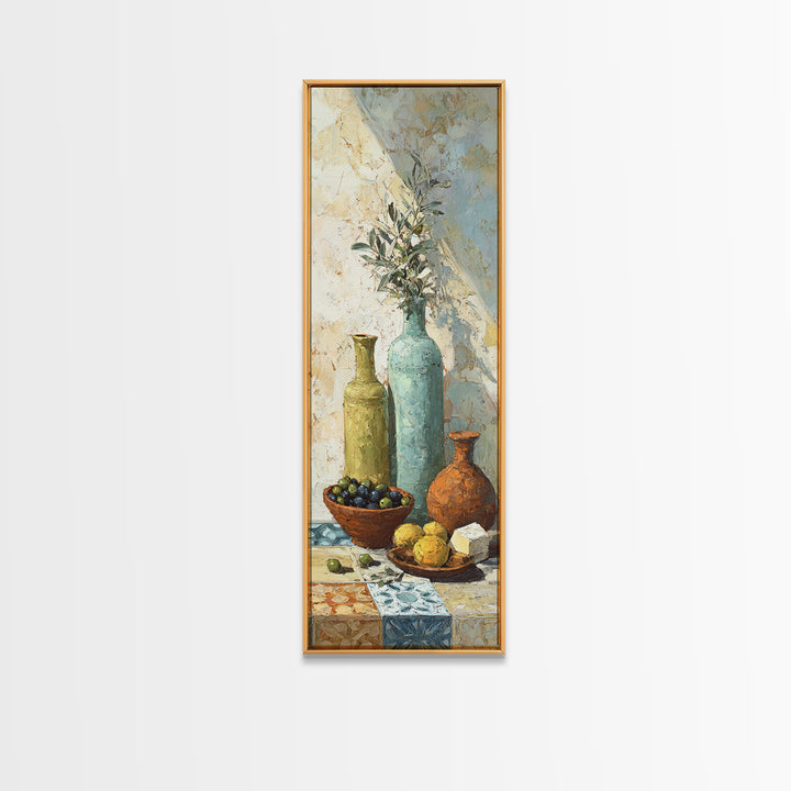 Figs Olives and Cheese Still Life Canvas Print, Mediterranean Art, Statement Artwork, Living Room Decor, Fine Art, Azure, MAR-1x3-44