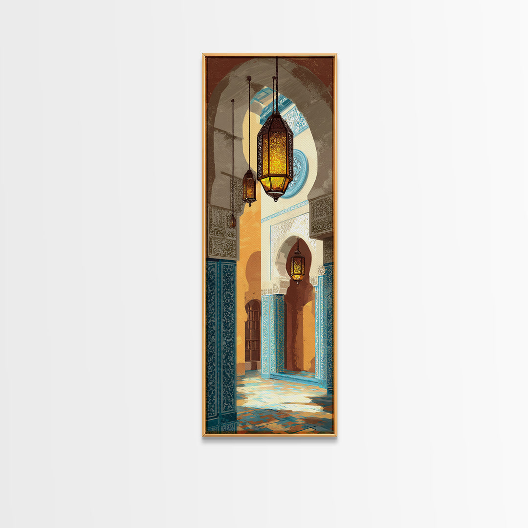 Moroccan Influenced Lantern Framed Canvas Print, Mediterranean Art, Travel Poster, Living Room Decor, Oil Painting, Azure, MAR-1x3-45