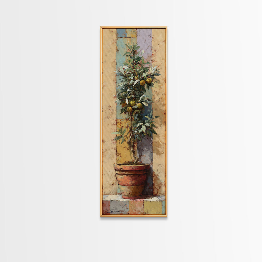 Citrus Tree in Clay Pot Framed Canvas Print, Mediterranean Art, Coastal Art, Living Room Decor, Azure, Statement Artwork, MAR-1x3-46