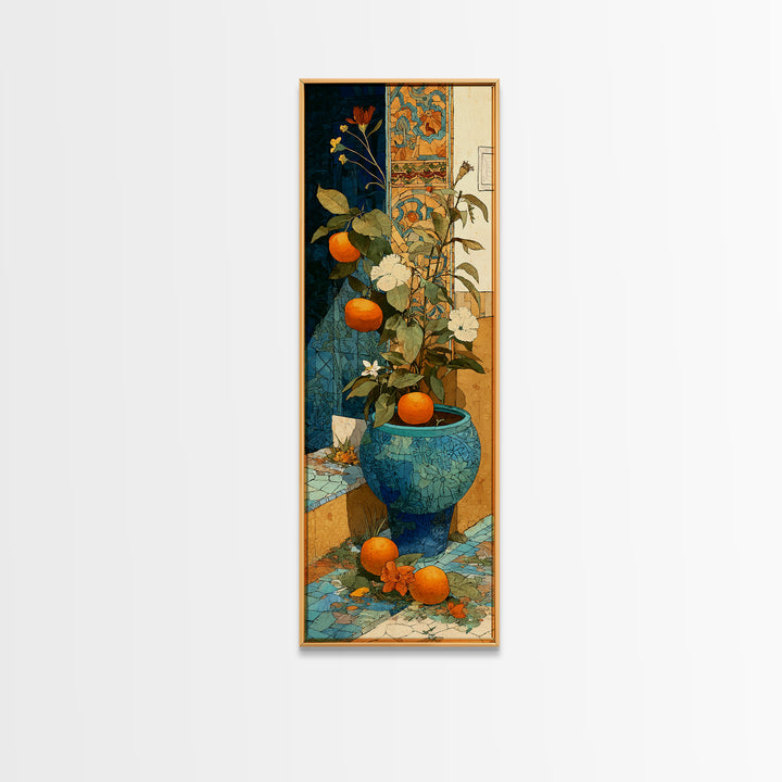 Ceramic Bowl of Oranges and Leaves Canvas Print, Mediterranean Art, Beach Prints, Living Room Decor, Abstract Art, Azure, MAR-1x3-57