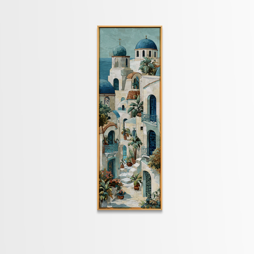 Greek Island White Buildings Above Blue Sea Framed Canvas Print, Mediterranean Art, Modern Decor, Living Room Decor, Azure, MAR-1x3-61