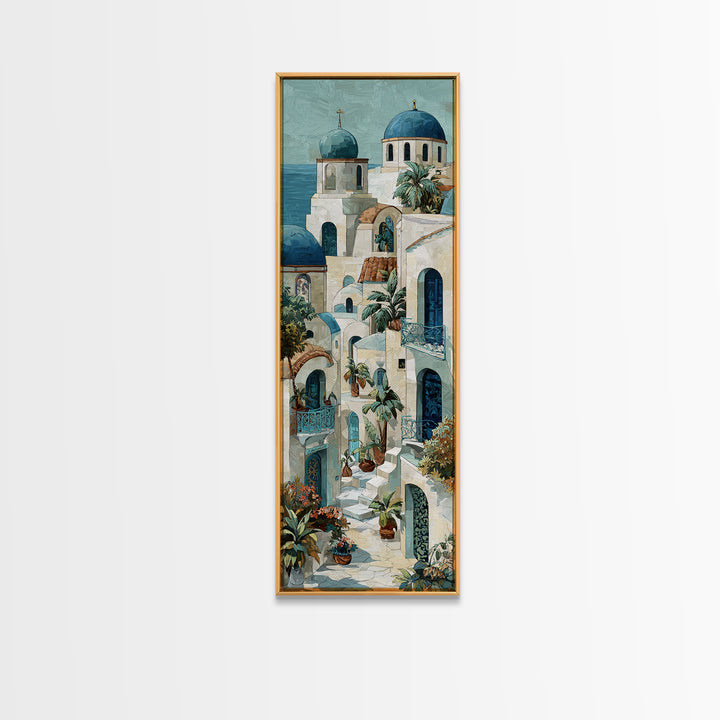 Greek Island White Buildings Above Blue Sea Framed Canvas Print, Mediterranean Art, Modern Decor, Living Room Decor, Azure, MAR-1x3-61