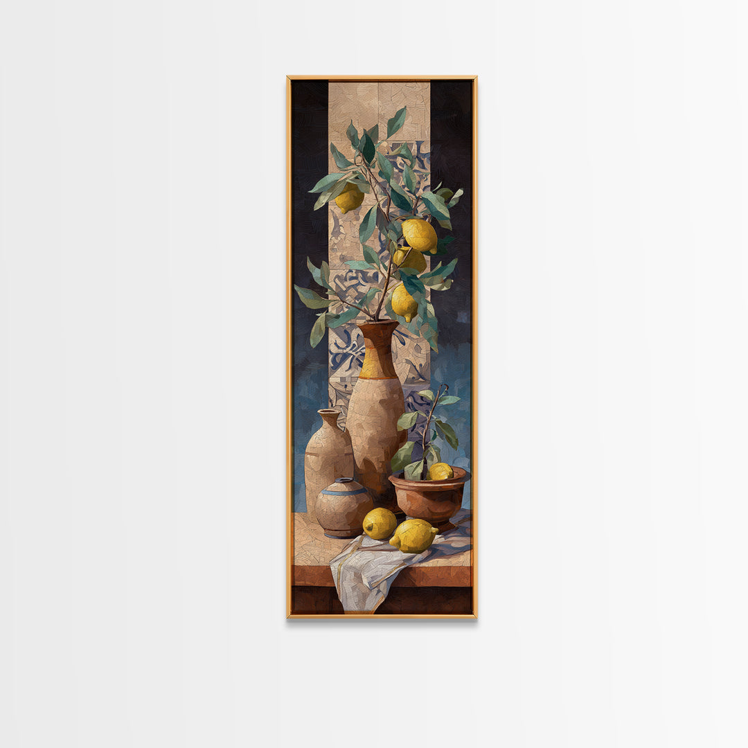 Olive Branch and Lemons on Terracotta Ground Canvas Print, Mediterranean Art, Beach Prints, Living Room Decor, Azure, MAR-1x3-62