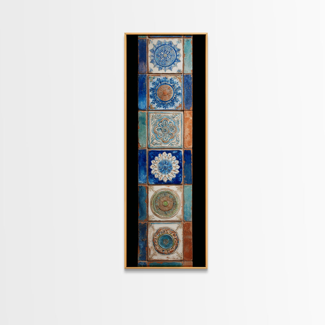 Blue and White Tile Pattern Framed Canvas Print, Mediterranean Art, Printable Wall Art, Living Room Decor, Fine Art, Azure, MAR-1x3-64