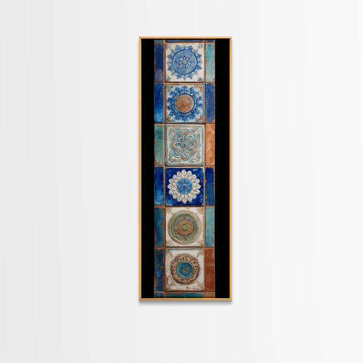 Blue and White Tile Pattern Framed Canvas Print, Mediterranean Art, Printable Wall Art, Living Room Decor, Fine Art, Azure, MAR-1x3-64