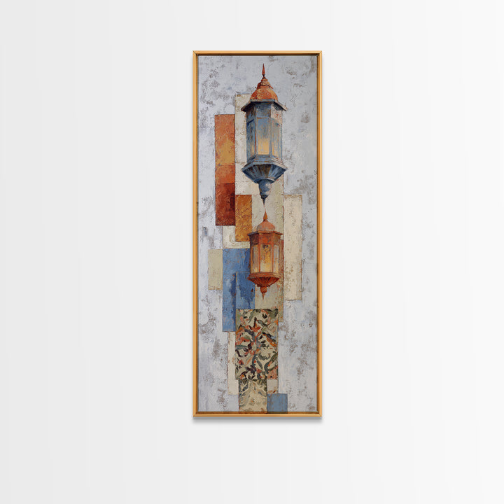 Moroccan Influenced Lantern Framed Canvas Print, Mediterranean Art, Travel Poster, Living Room Decor, Oil Painting, Azure, MAR-1x3-69