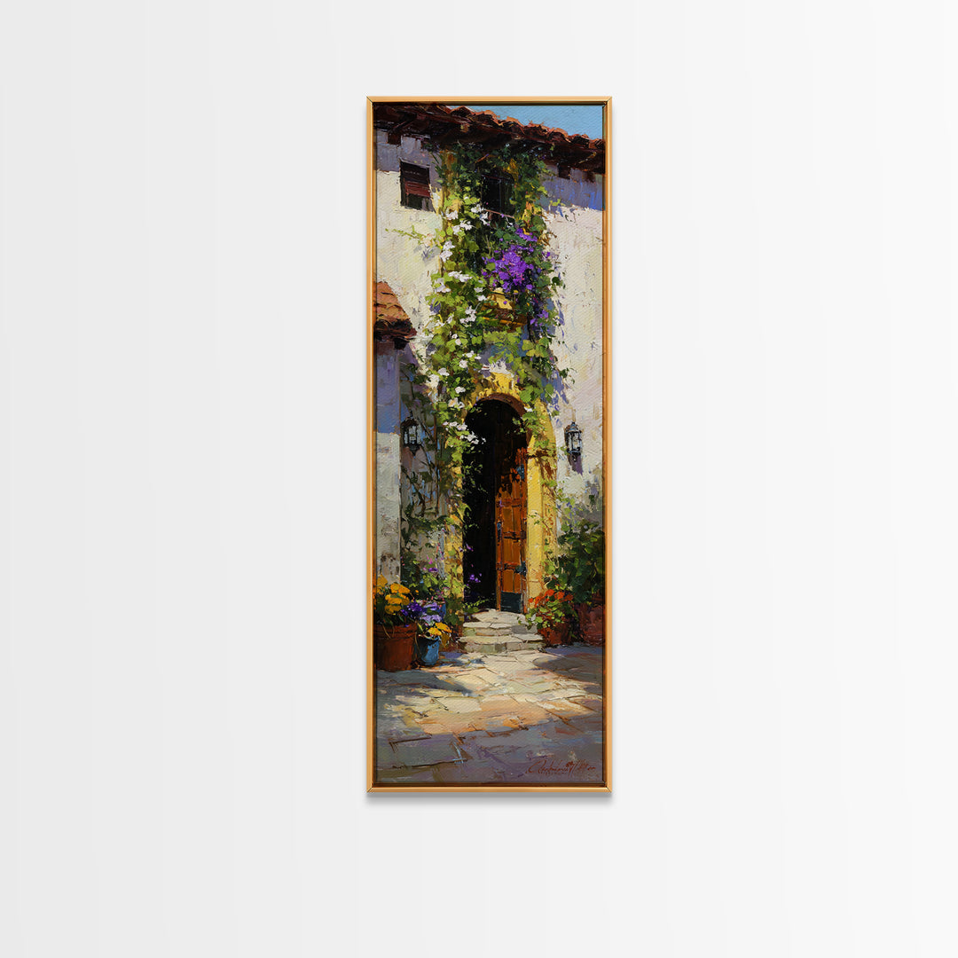 Sunlit Courtyard Doorway Framed Canvas Print, Mediterranean Art, Farmhouse Decor, Living Room Decor, Fine Art, Azure, MAR-1x3-71