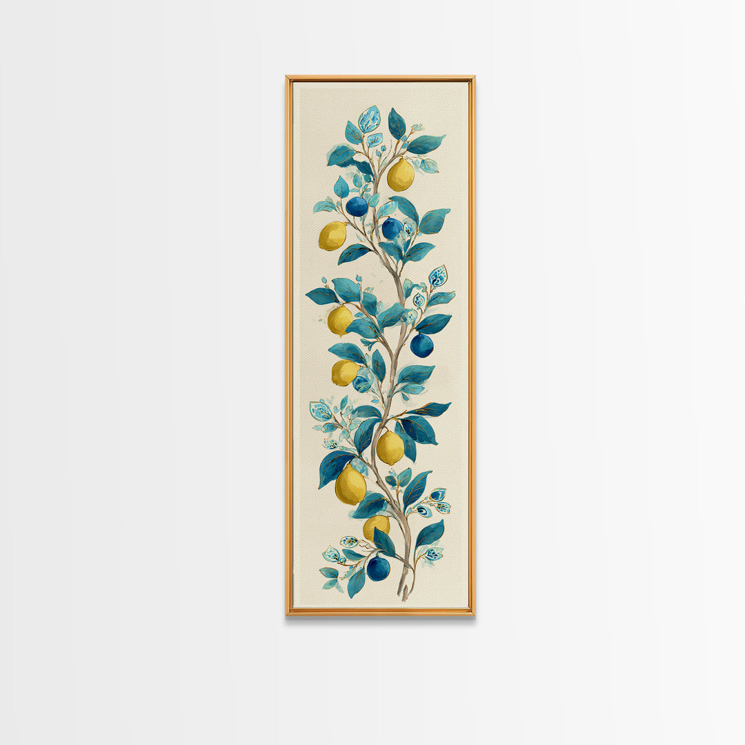 Sicilian Lemon Branch on Ivory Background Canvas Print, Mediterranean Art, Living Room Decor, Oil Painting, Azure, MAR-1x3-73