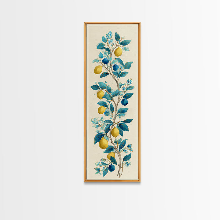 Sicilian Lemon Branch on Ivory Background Canvas Print, Mediterranean Art, Living Room Decor, Oil Painting, Azure, MAR-1x3-73