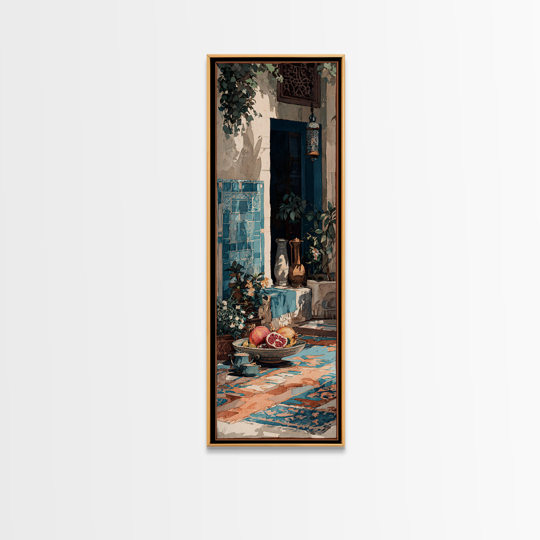 Pomegranate Still Life Framed Canvas Print, Mediterranean Art, Framed Wall Art, Living Room Decor, Azure, Watercolor Art, MAR-1x3-79