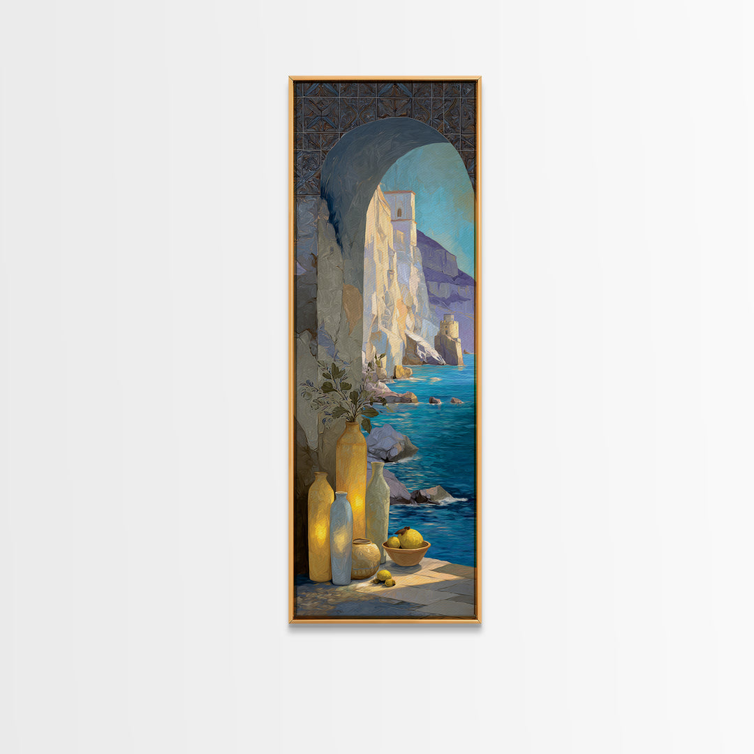 Coastal Cliffs with Sparkling Blue Water Framed Canvas Print, Mediterranean Art, Beach Prints, Living Room Decor, Azure, MAR-1x3-8