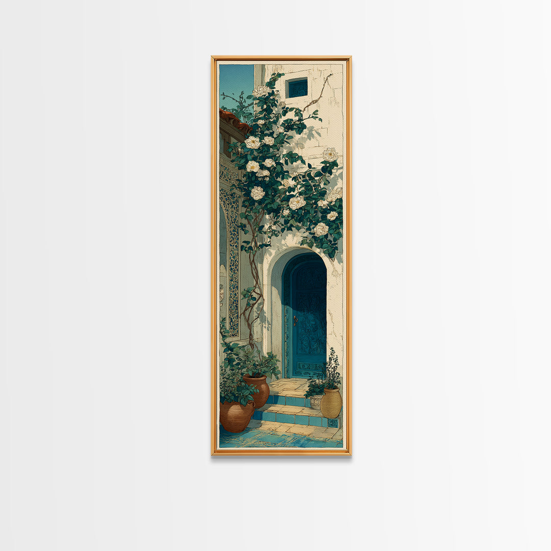 Sunlit Courtyard Doorway Canvas Print, Mediterranean Art, Nautical Decor, Living Room Decor, Oil Painting, Azure, MAR-1x3-95