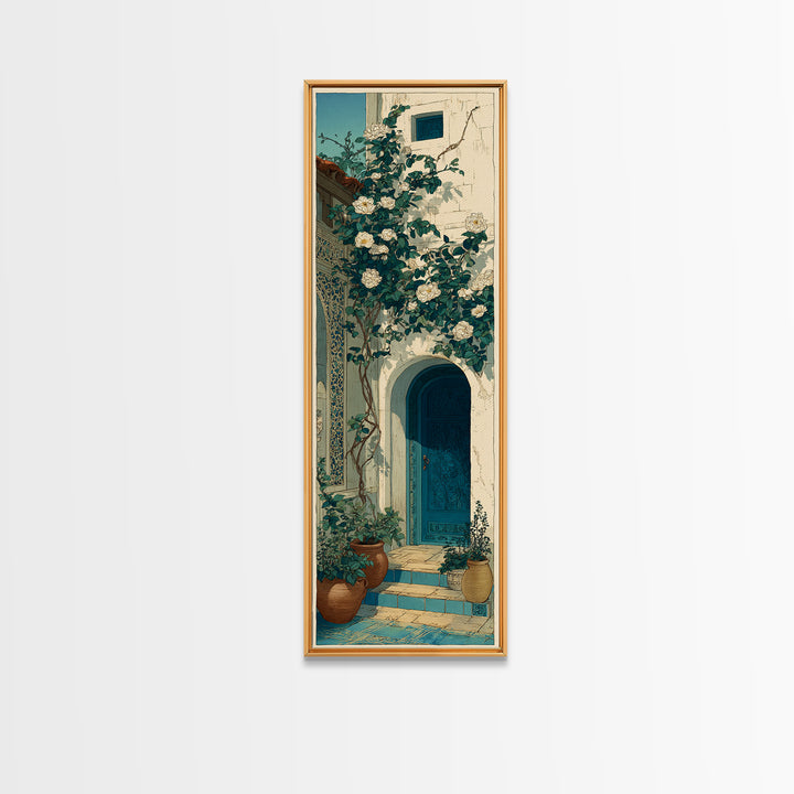 Sunlit Courtyard Doorway Canvas Print, Mediterranean Art, Nautical Decor, Living Room Decor, Oil Painting, Azure, MAR-1x3-95