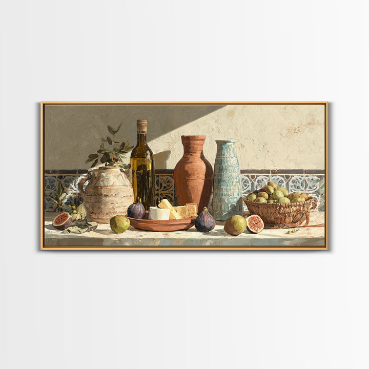 Figs Olives and Cheese Still Life Framed Canvas Print, Mediterranean Art, Minimalist Wall Art, Living Room Decor, Azure, MAR-2x1-100