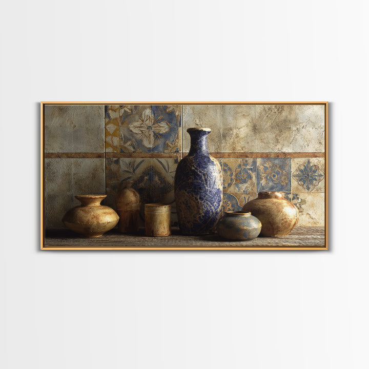 Spanish Tile Ornament Framed Canvas Print, Mediterranean Art, Luxury Decor, Living Room Decor, Fine Art, Azure, Framed Wall Art, MAR-2x1-12