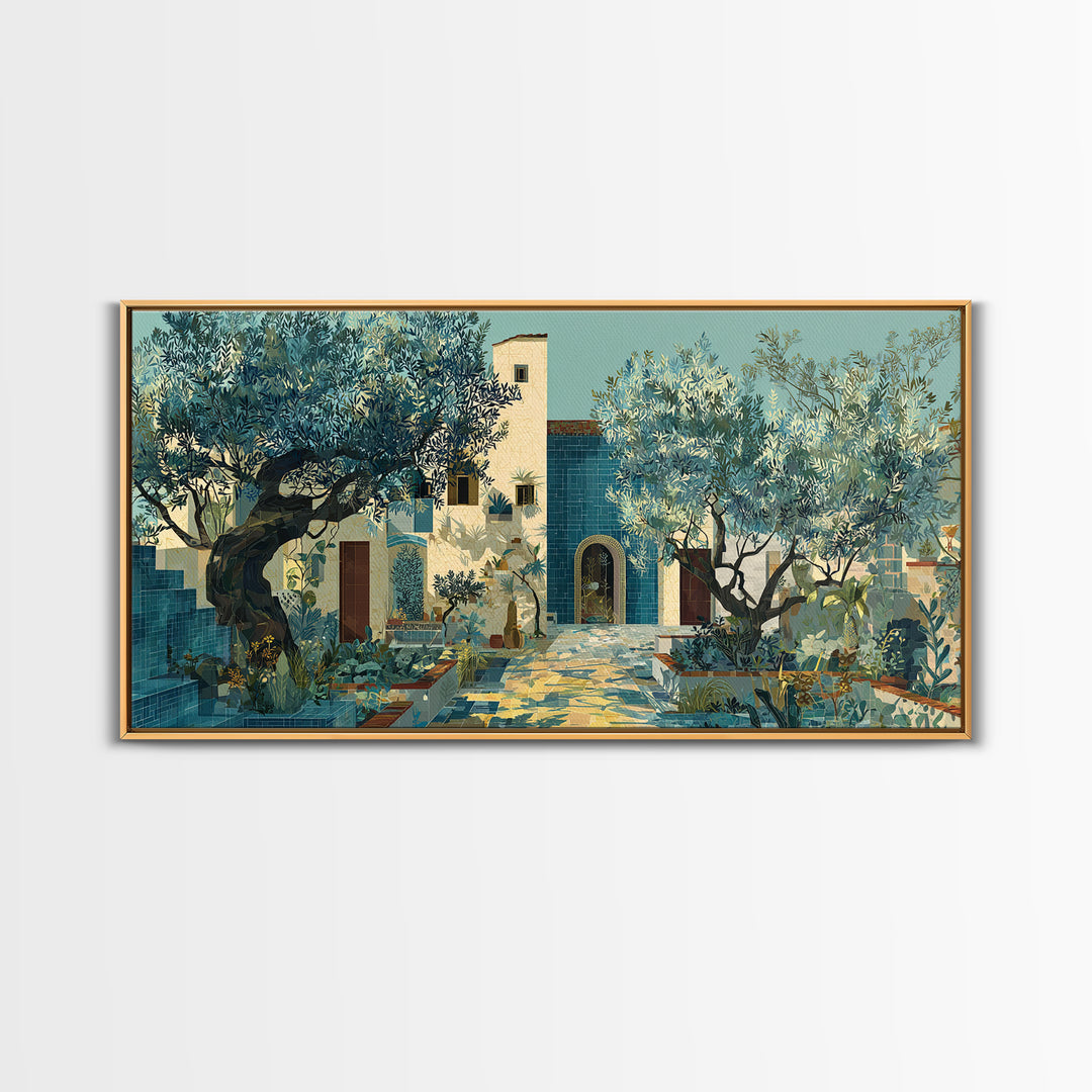 Olive Grove under Pale Morning Light Framed Canvas Print, Mediterranean Art, Boho Decor, Living Room Decor, Fine Art, Azure, MAR-2x1-13