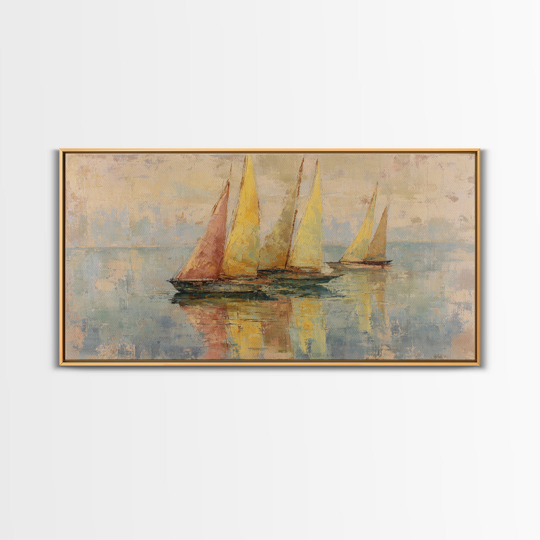 Mediterranean Sailboat on Glassy Water Framed Canvas Print, Mediterranean Art, Travel Poster, Living Room Decor, Watercolor Art, MAR-2x1-14