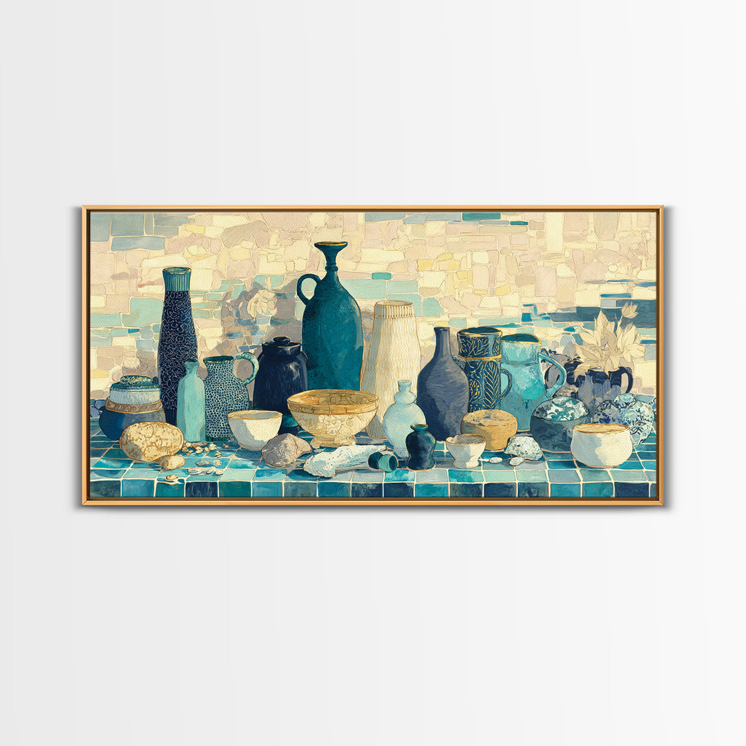 Coastal Cliffs with Sparkling Blue Water Framed Canvas Print, Mediterranean Art, Modern Decor, Living Room Decor, Azure, MAR-2x1-16
