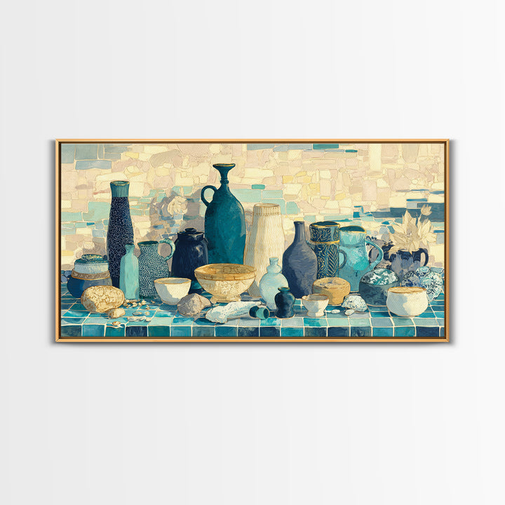 Coastal Cliffs with Sparkling Blue Water Framed Canvas Print, Mediterranean Art, Modern Decor, Living Room Decor, Azure, MAR-2x1-16