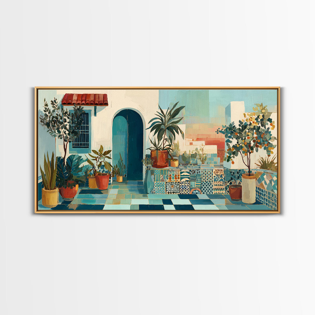 Sunset over Red Tiled Rooftops Framed Canvas Print, Mediterranean Art, Gallery Wall Art, Living Room Decor, Fine Art, Azure, MAR-2x1-19