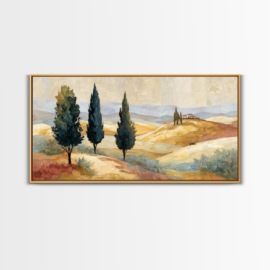 Tuscan Cypress Trees and Golden Hillside Canvas Print, Mediterranean Art, Neutral Decor, Living Room Decor, Abstract Art, Azure, MAR-2x1-2