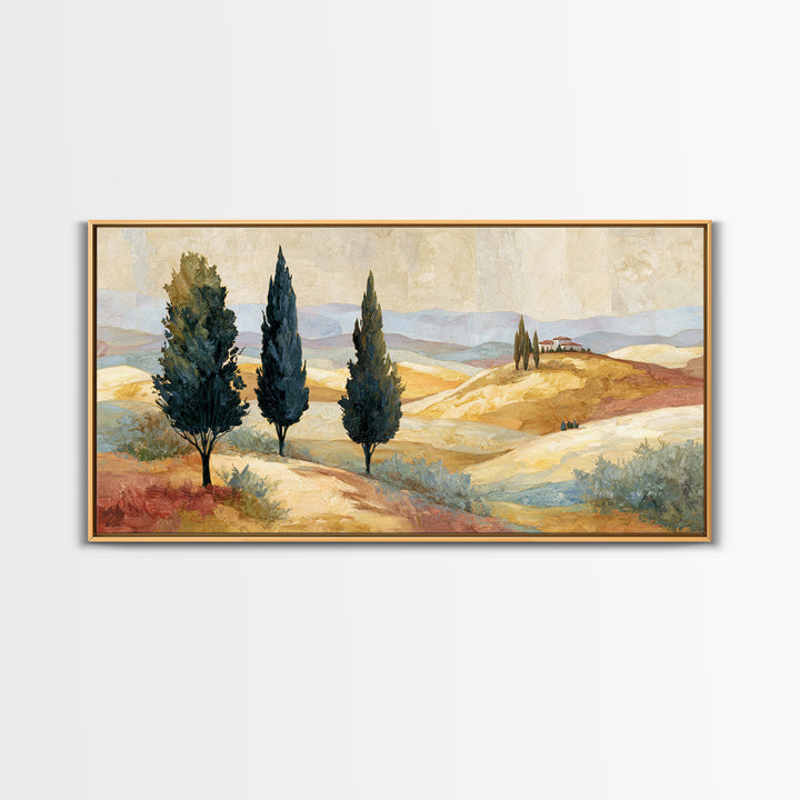 Tuscan Cypress Trees and Golden Hillside Canvas Print, Mediterranean Art, Neutral Decor, Living Room Decor, Abstract Art, Azure, MAR-2x1-2