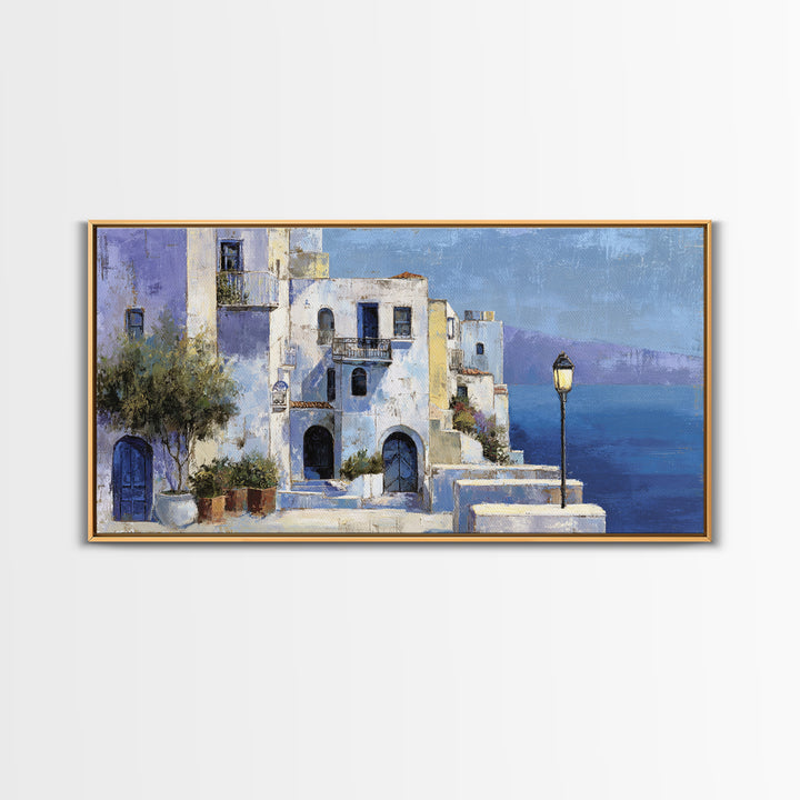 Greek Island White Buildings Above Blue Sea Canvas Print, Mediterranean Art, Luxury Decor, Living Room Decor, Oil Painting, MAR-2x1-21
