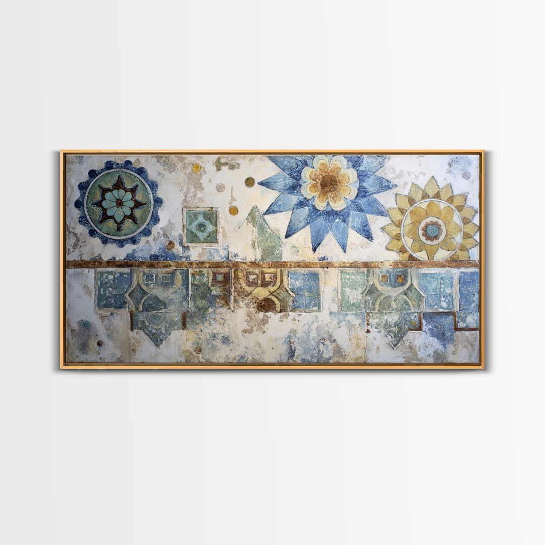 Blue and White Tile Pattern Framed Canvas Print, Mediterranean Art, Textured Painting, Living Room Decor, Fine Art, Azure, MAR-2x1-24