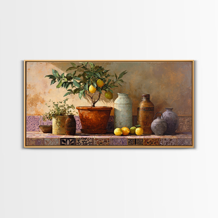 Citrus Tree in Clay Pot Framed Canvas Print, Mediterranean Art, Modern Decor, Living Room Decor, Fine Art, Azure, MAR-2x1-30