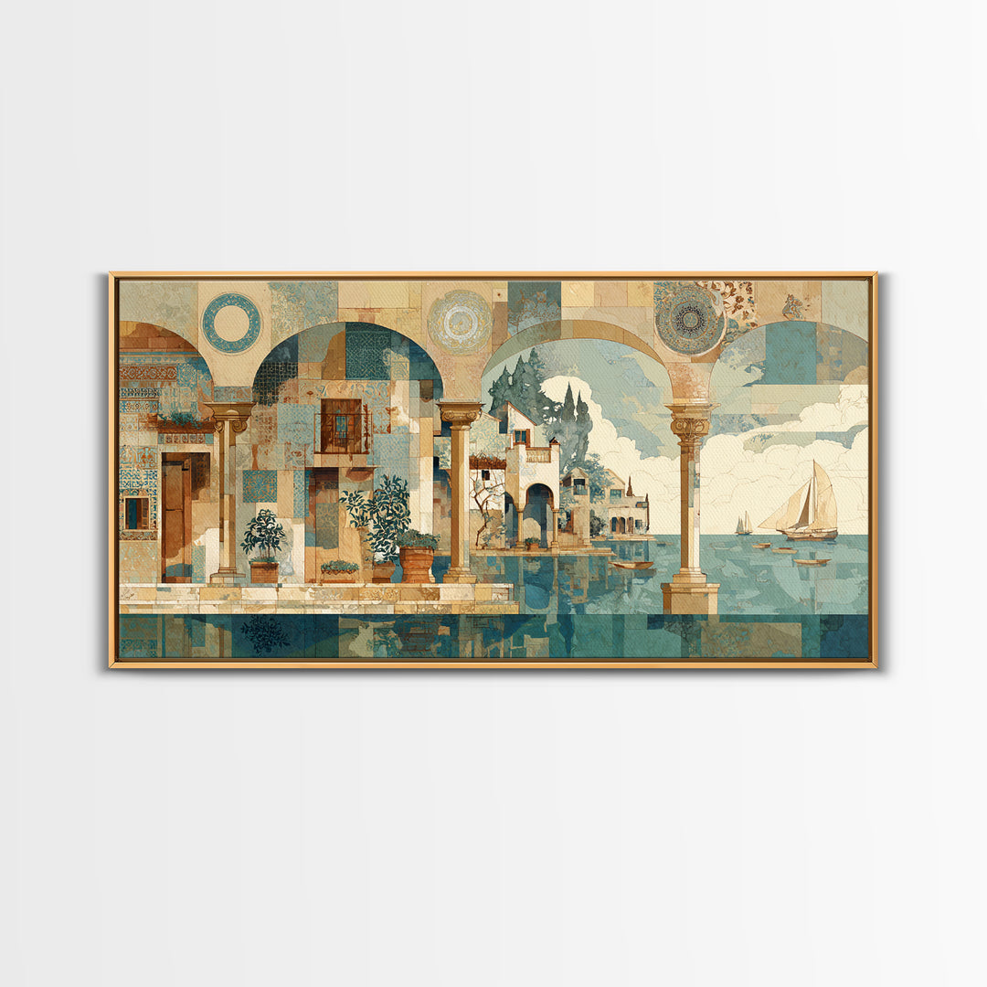 Ancient Column with Sea and Sky Beyond Canvas Print, Mediterranean Art, Minimalist Decor, Living Room Decor, Oil Painting, MAR-2x1-32