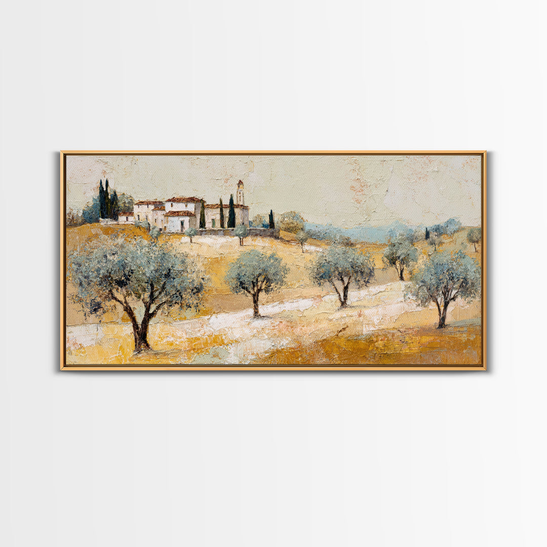 Olive Grove under Pale Morning Light Framed Canvas Print, Mediterranean Art, Boho Decor, Living Room Decor, Fine Art, Azure, MAR-2x1-37