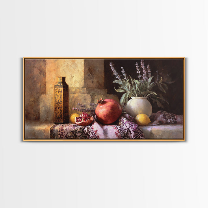Pomegranate Still Life Canvas Print, Mediterranean Art, Living Room Decor, Oil Painting, Azure, Modern Wall Art, MAR-2x1-39