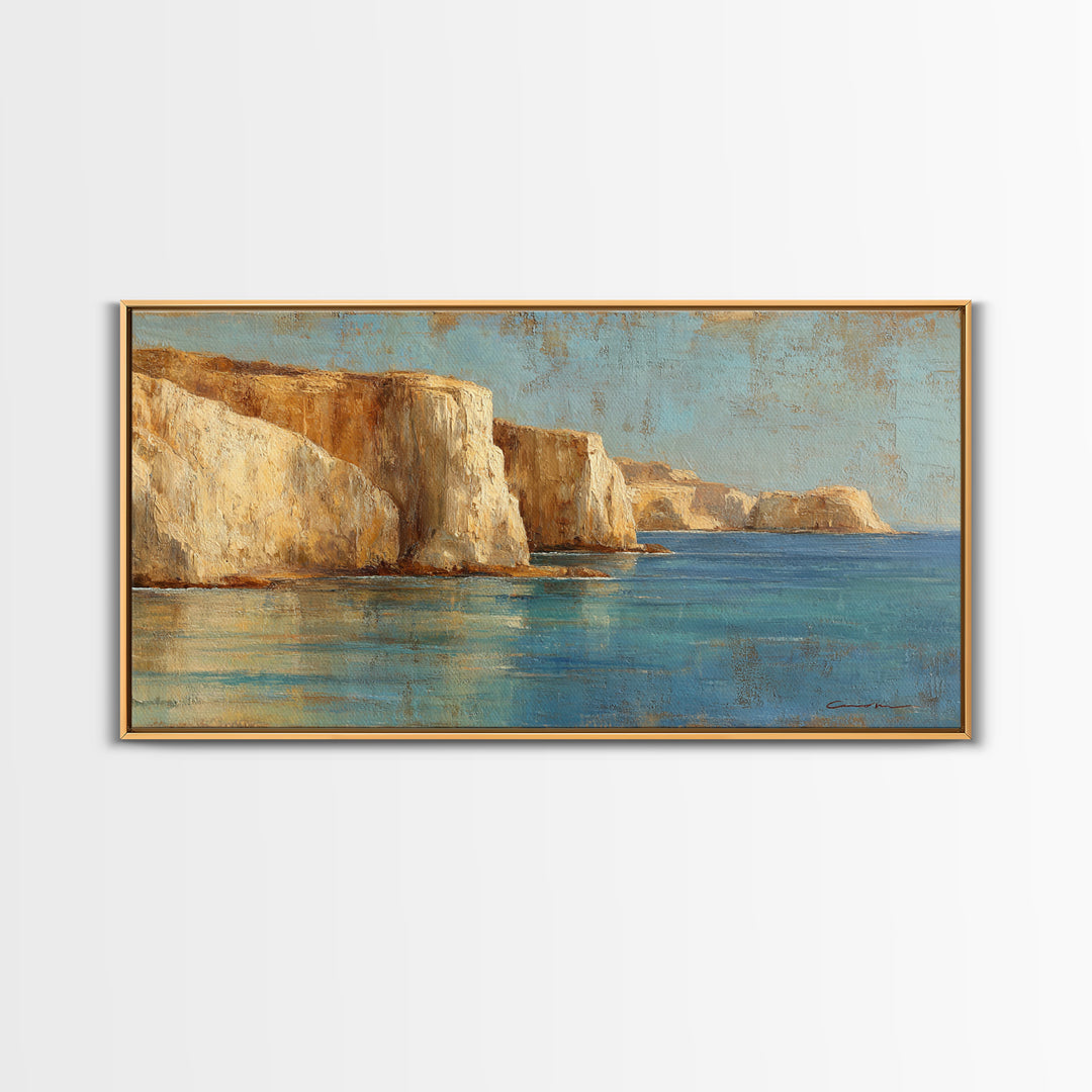 Coastal Cliffs with Sparkling Blue Water Framed Canvas Print, Mediterranean Art, Home Decor, Living Room Decor, Fine Art, Azure, MAR-2x1-40