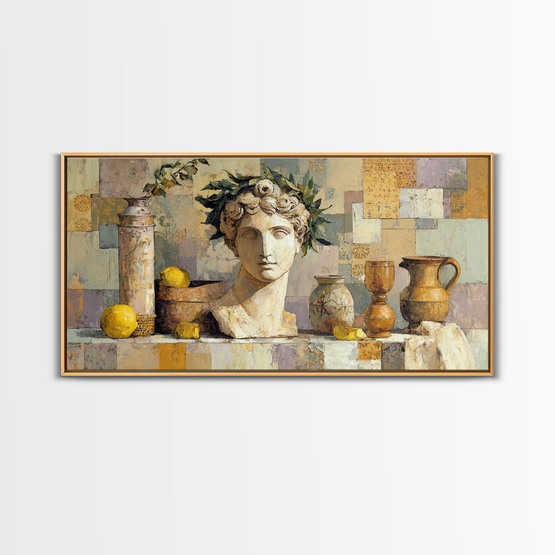 Roman Statue Bust Framed Canvas Print, Mediterranean Art, Gallery Decor, Living Room Decor, Fine Art, Azure, Minimalist Decor, MAR-2x1-42
