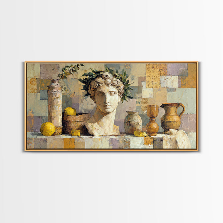 Roman Statue Bust Framed Canvas Print, Mediterranean Art, Gallery Decor, Living Room Decor, Fine Art, Azure, Minimalist Decor, MAR-2x1-42