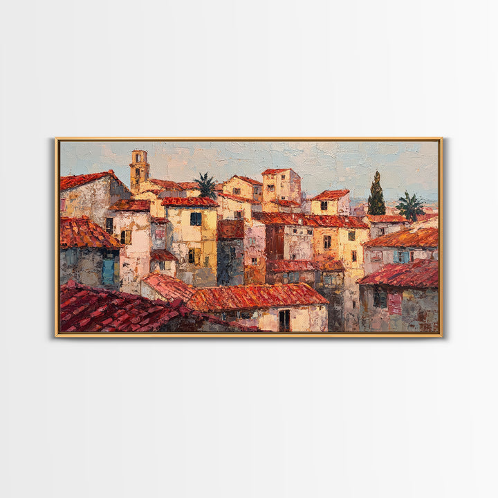 Sunset over Red Tiled Rooftops Framed Canvas Print, Mediterranean Art, Original Painting, Living Room Decor, Fine Art, Azure, MAR-2x1-43
