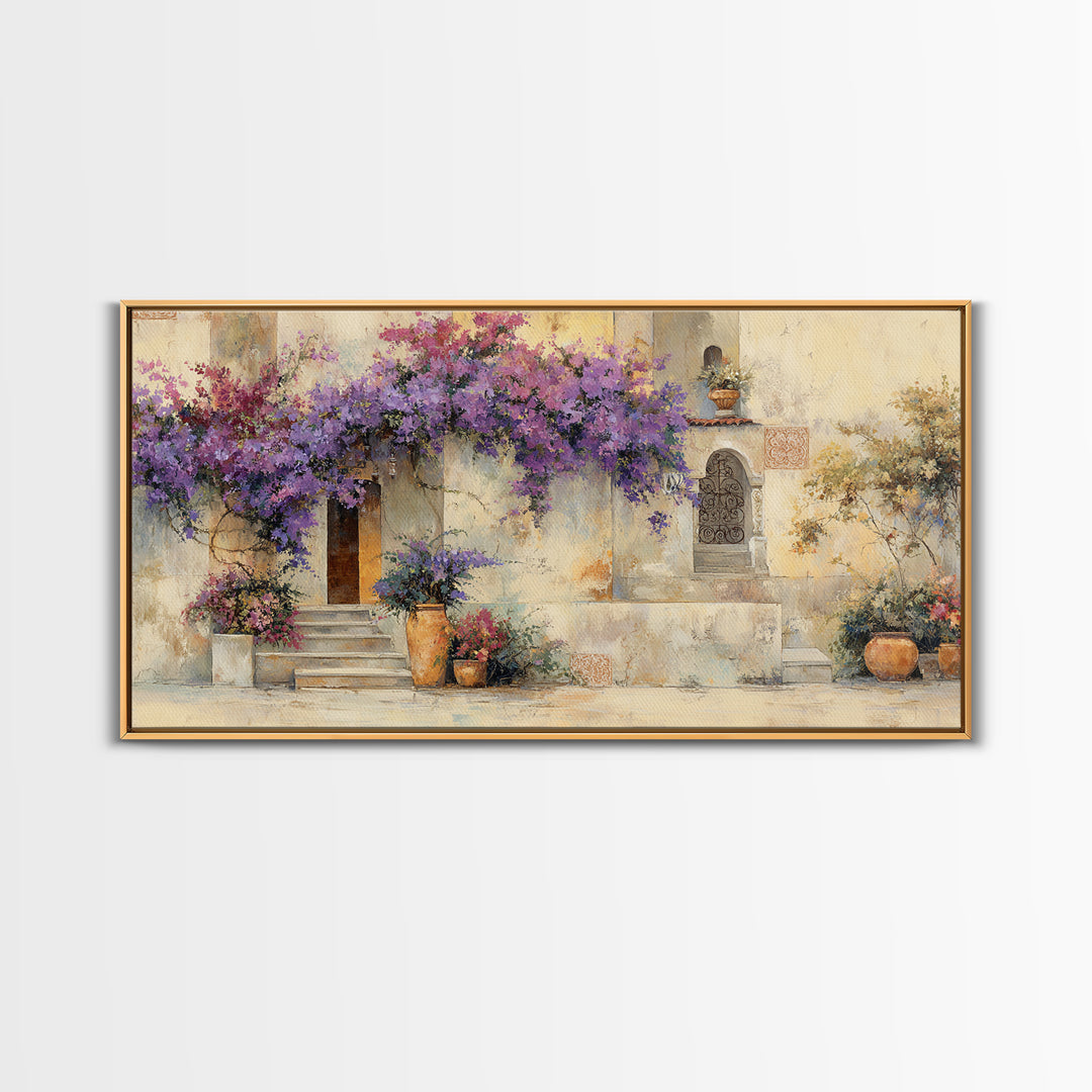 Bougainvillea Cascading over Stone Wall Canvas Print, Mediterranean Art, Home Decor, Living Room Decor, Fine Art, Azure, MAR-2x1-49