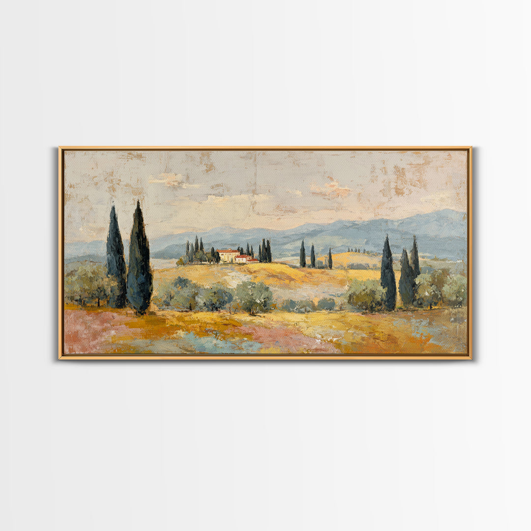 Tuscan Cypress Trees and Golden Hillside Framed Canvas Print, Mediterranean Art, Luxury Decor, Living Room Decor, Azure, MAR-2x1-50