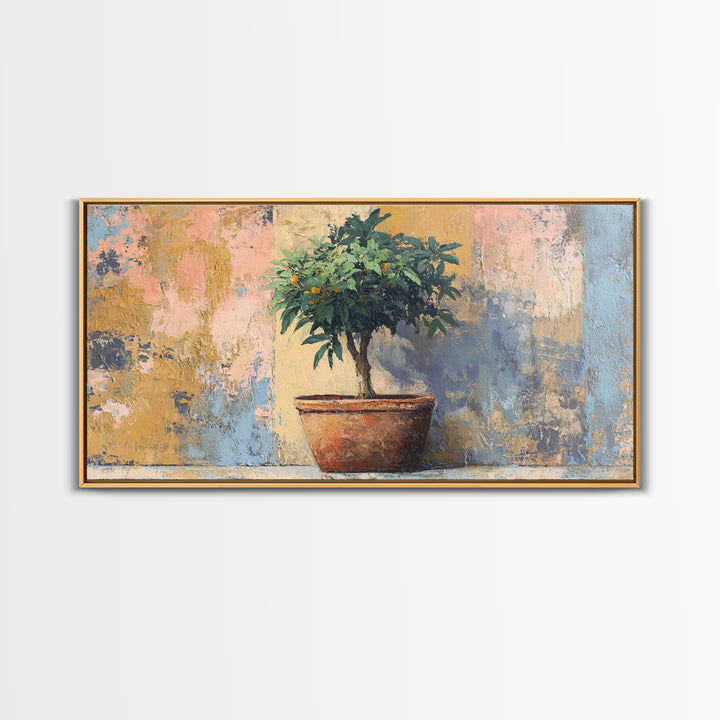 Citrus Tree in Clay Pot Framed Canvas Print, Mediterranean Art, Modern Decor, Living Room Decor, Fine Art, Azure, MAR-2x1-6