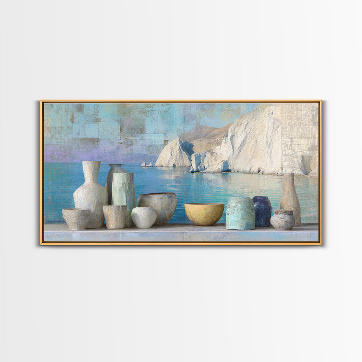Coastal Cliffs with Sparkling Blue Water Canvas Print, Mediterranean Art, Framed Wall Art, Living Room Decor, Fine Art, Azure, MAR-2x1-64