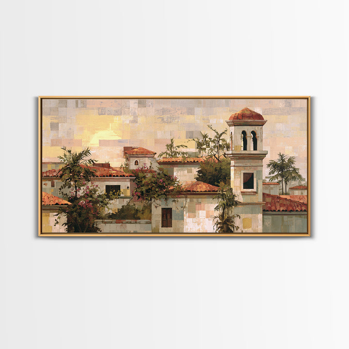 Sunset over Red Tiled Rooftops Framed Canvas Print, Mediterranean Art, Landscape Wall Art, Living Room Decor, Fine Art, Azure, MAR-2x1-67