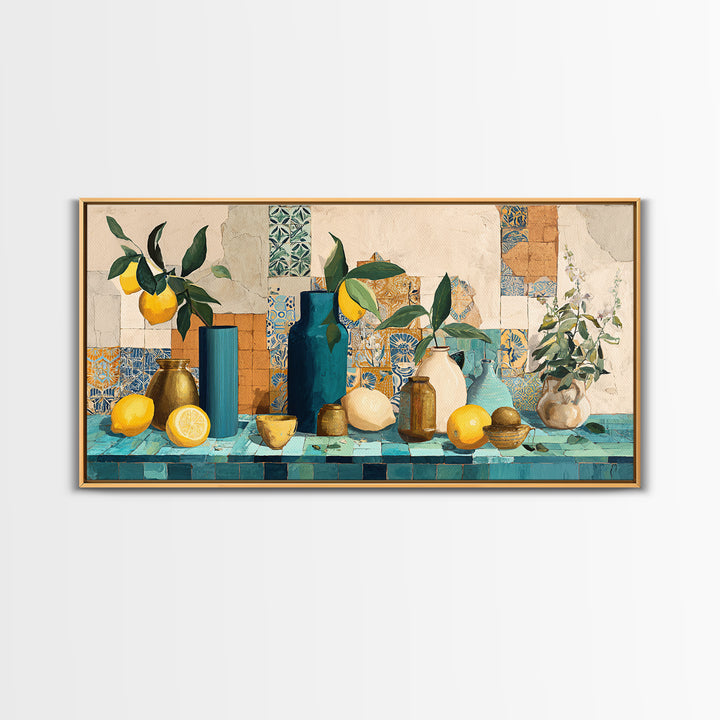 Olive Branch and Lemons on Terracotta Ground Canvas Print, Mediterranean Art, Minimalist Decor, Living Room Decor, Oil Painting, MAR-2x1-70