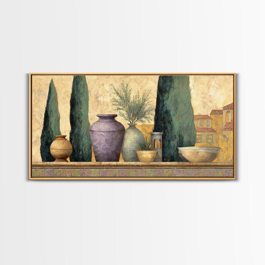 Tuscan Cypress Trees and Golden Hillside Canvas Print, Mediterranean Art, Living Room Decor, Watercolor Art, Azure, MAR-2x1-74