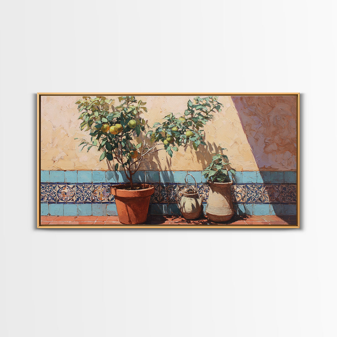 Citrus Tree in Clay Pot Canvas Print, Mediterranean Art, Art Print, Living Room Decor, Fine Art, Azure, Digital Print, MAR-2x1-78