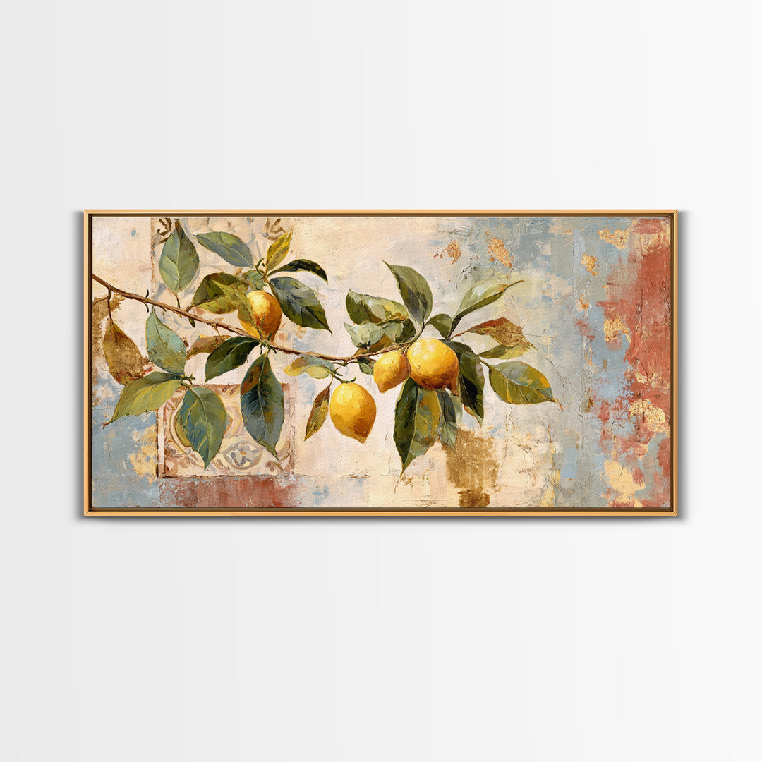 Sicilian Lemon Branch on Ivory Background Framed Canvas Print, Mediterranean Art, Original Painting, Living Room Decor, Azure, MAR-2x1-81