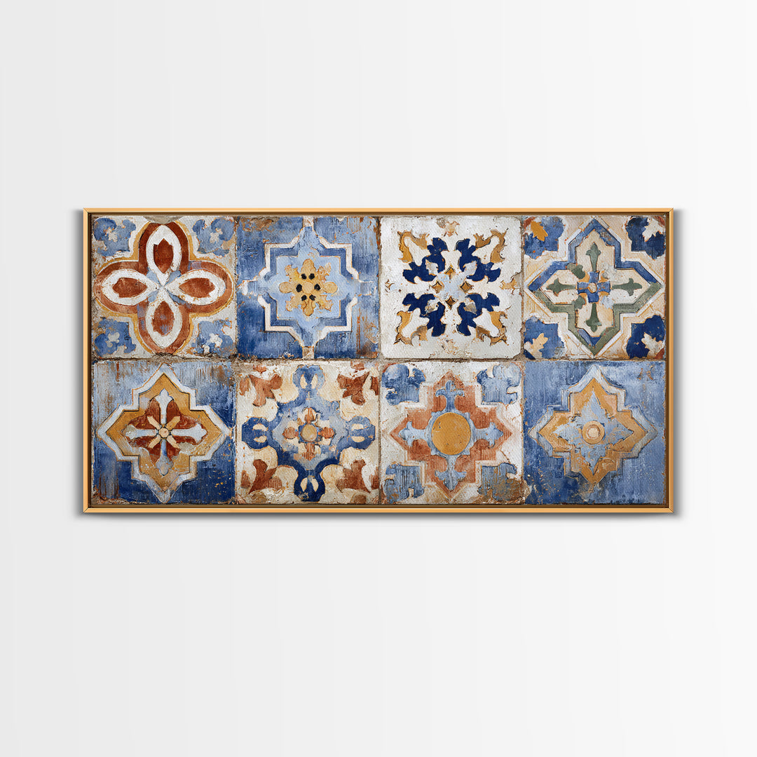 Spanish Tile Ornament Framed Canvas Print, Mediterranean Art, Coastal Wall Art, Living Room Decor, Azure, Living Room Art, MAR-2x1-84